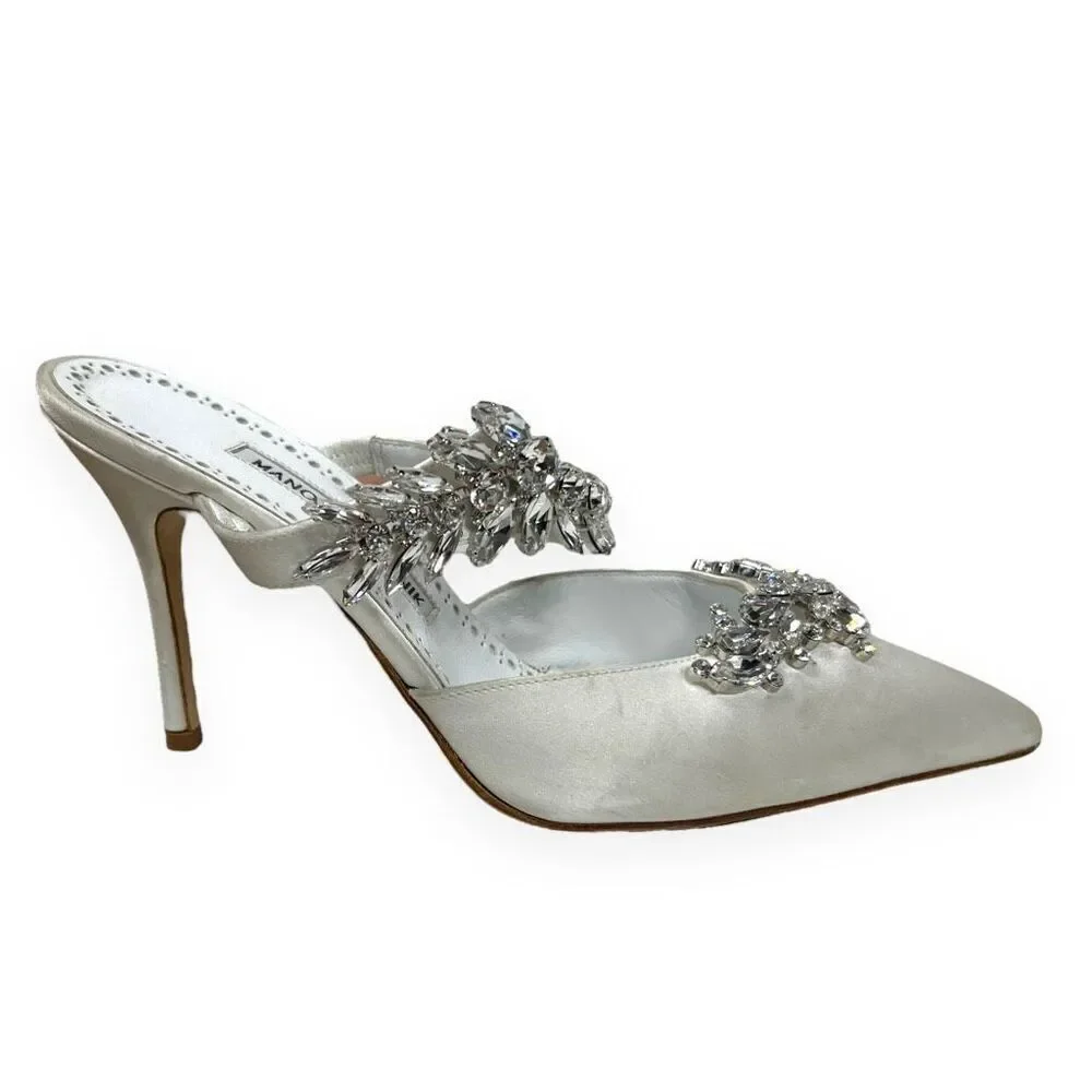 Manolo‎ Blahnik Lurum 90 Crystal-embellished White Satin Mules Heels Size 6.5